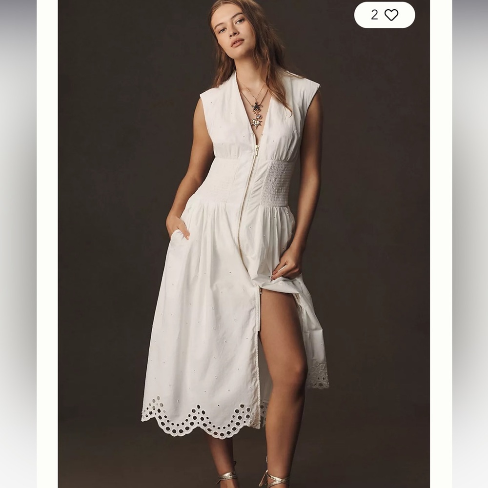 Maeve The Tommie Cap-Sleeve Smocked Front-Zip Shirt Dress: Eyelet-Trim Edition